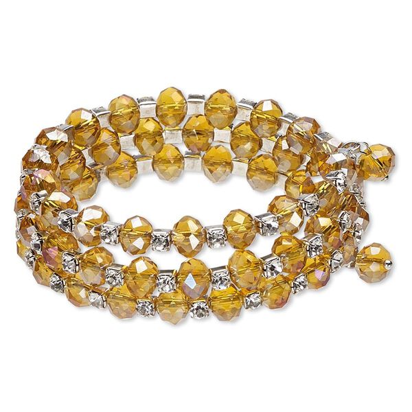 Bracelet, glass rhinestone / glass / silver-plated steel memory wire, honey AB and clear, 22mm wide with rondelle, 6-1/2 inch adjustable. Sold individually. image number 0