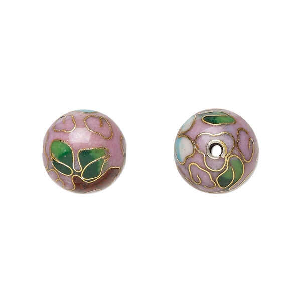 Bead, cloisonné, enamel and gold-finished copper, pink and multicolored, 12mm round with flower design. Sold per pkg of 10. image number 0