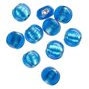 Bead, lampworked glass, opaque turquoise blue, 12x7mm-10x6mm flat round with silver-colored foil. Sold per pkg of 10.