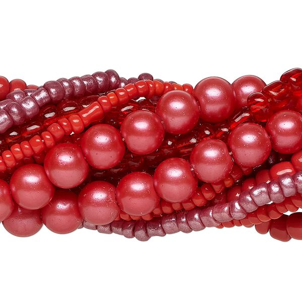 Bead assortment, glass, opaque to transparent light to dark red, 3x1mm-6mm round and irregular rondelle. Sold per pkg of (8) 14-inch strands, approximately 1,200 beads. image number 0