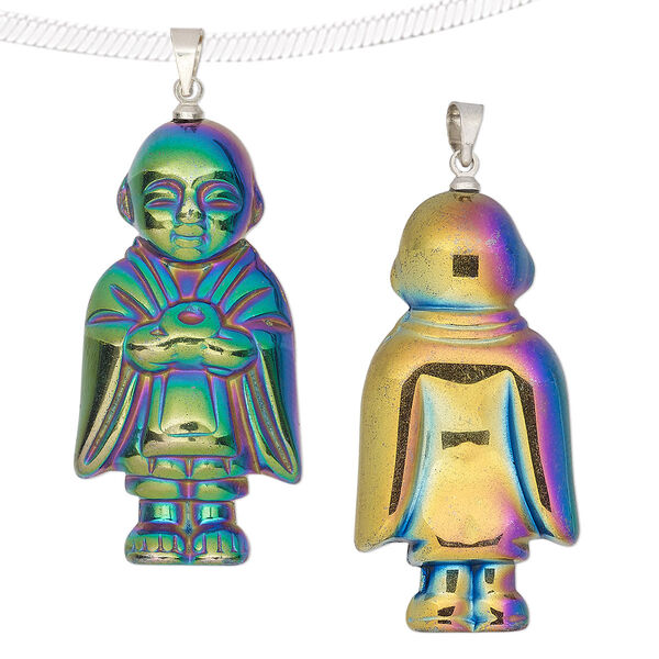 Pendant, electroplated Hemalyke™ (man-made) and silver-finished brass, rainbow, 48x20mm 3D Buddha. Sold individually. image number 0