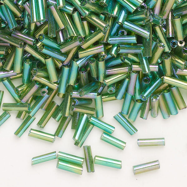 Bead, Ming Tree™, bugle bead, glass, pkg/1/4 pound, 1/4 inch, rainbow transparent green. image number 0