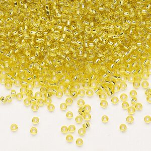 Seed bead, Miyuki, glass, pkg/25g, #11 rocaille, transparent silver-lined yellow (RR-6).