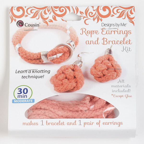 Bracelet and earring kit, cotton / silver-finished "pewter" (zinc-based alloy) / steel / aluminum, coral. Sold per set. image number 0