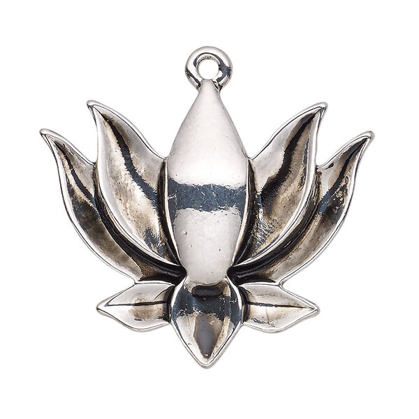 Focal, antique silver-finished "pewter" (zinc-based alloy), 38x32mm single-sided lotus. Sold per pkg of 4. image number 0