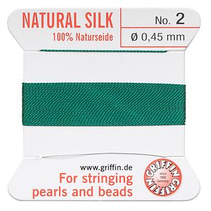 Thread, Griffin, silk, green, size #2. Sold per 2-meter card (approximately 78 inches).