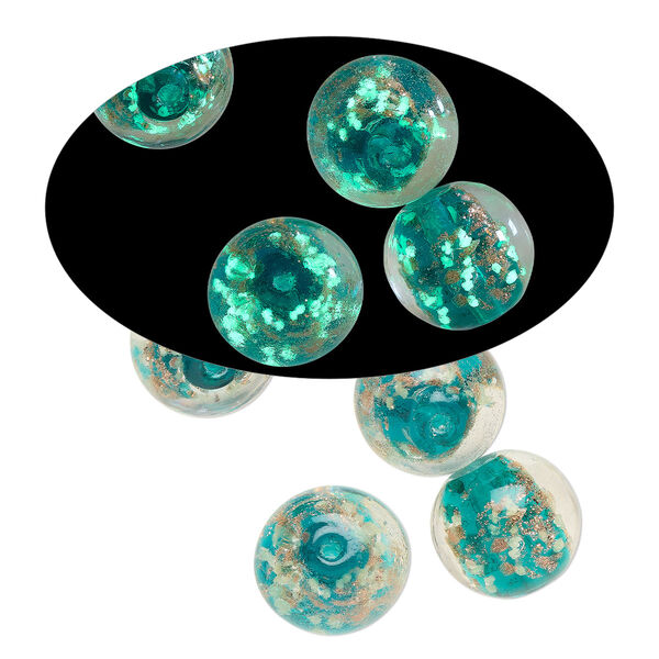 Bead, lampworked glass, clear / teal / glow-in-the-dark / gold, 14mm round. Sold per pkg of 4. image number 0