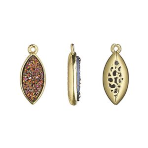 Drop, Druzylite™, "druzy" (resin) and gold-finished brass, metallic purple, 16x8mm two-sided marquise with open filigree back. Sold per pkg of 4.