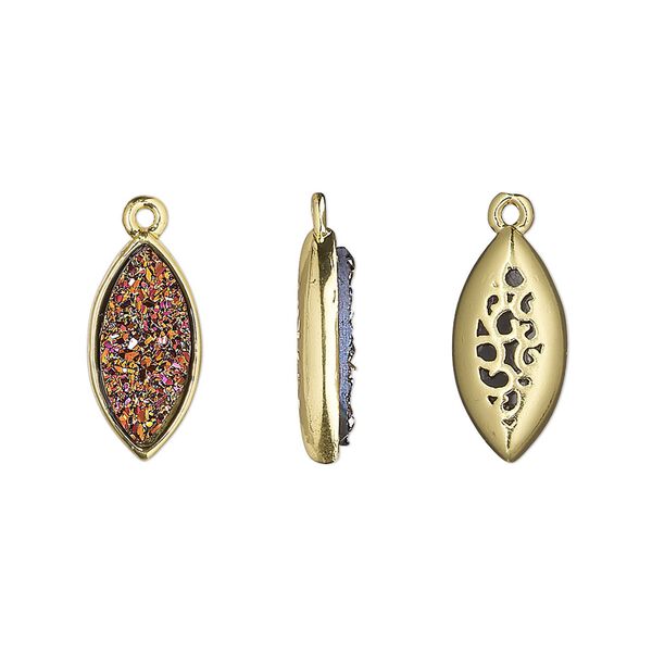 Drop, Druzylite™, "druzy" (resin) and gold-finished brass, metallic purple, 16x8mm two-sided marquise with open filigree back. Sold per pkg of 4. image number 0