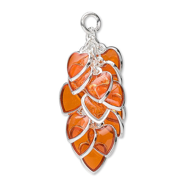 Focal, epoxy and silver-plated brass, orange, 32x16mm heart cluster. Sold per pkg of 4. image number 0