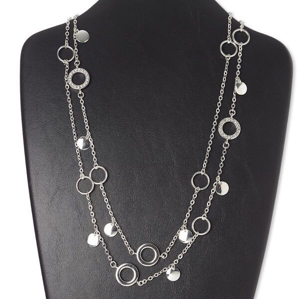 Necklace, glass rhinestone / silver-finished "pewter" (zinc-based alloy) / steel / brass, clear, open round, 46 inches with toggle clasp. Sold individually. image number 0