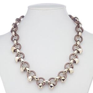 Necklace, acrylic and rose gold-coated plastic, matte mauve, 17mm wide, 18 inches with hook-and-eye clasp. Sold individually.