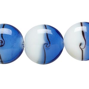 Bead, lampworked glass, blue / black / white, 20mm puffed flat round with lines. Sold per 15-1/2" to 16" strand.