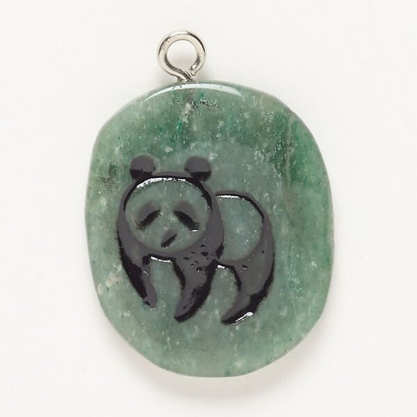 Focal steel green aventurine enamel 1pk 29x25mm-37x28mm puffed freeform panda, silver finish black natural image number 0