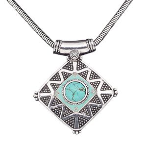 Necklace, magnesite (dyed / stabilized) / antique silver-plated brass / steel / "pewter" (zinc-based alloy), turquoise blue, 50x50mm diamond, 16 inches with 2-inch extender chain and lobster claw clasp. Sold individually.