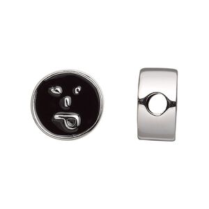 Bead, Dione®, enamel and silver-finished "pewter" (zinc-based alloy), black, 16mm double-sided flat round with playful emoticon face and 4mm hole. Sold individually.