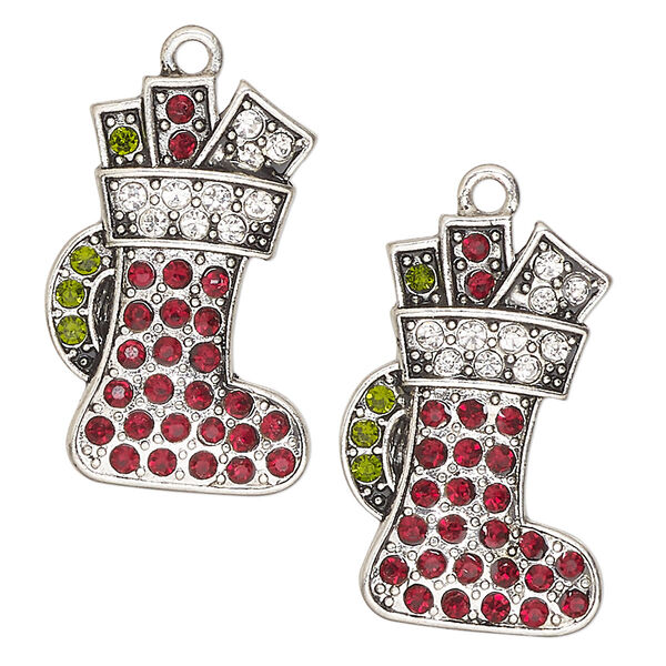 Charm, antique silver-finished "pewter" (zinc-based alloy) and glass, red / green / clear, 28x18mm single-sided Christmas stocking. Sold per pkg of 2. image number 0