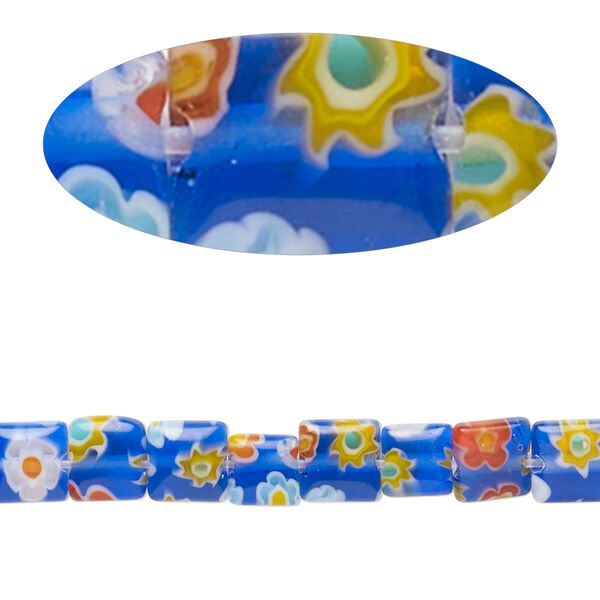 Bead, millefiori glass, translucent blue and multicolored, 5mm-7x6mm puffed square with sunburst and flower design. Sold per 14-inch strand. image number 0