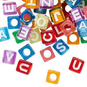 Bead mix, acrylic, translucent mixed colors, 6.5x6mm vertically drilled cube with alphabet letters and 3.5mm hole. Sold per pkg of 100.