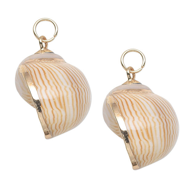 Drop, moon snail shell (natural) and gold-finished steel, white and tan, 27x20mm. Sold per pkg of 2. image number 0