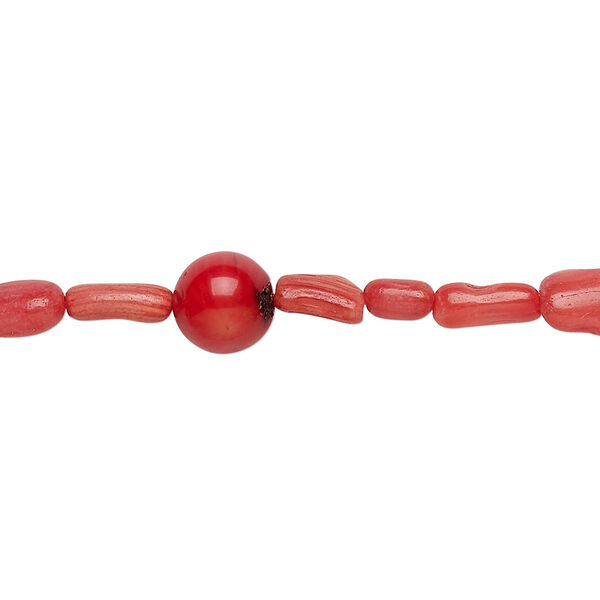 Bead mix, bamboo coral (dyed), light to dark red, 5x4mm-6x4mm branch and 8mm round, C grade, Mohs hardness 3-1/2 to 4. Sold per 8-inch strand. image number 0