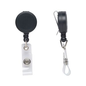 Badge reel, plastic / nylon / steel, clear and black, 3x1 inches with 2-foot retractable cord. Sold individually.