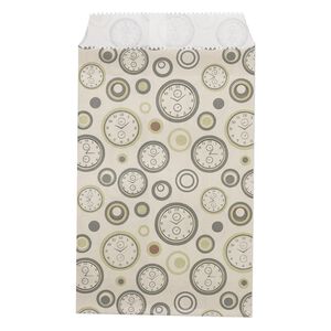 Bag, paper, green / grey / brown, 6x4 inches with clock design and scalloped top edge. Sold per pkg of 100.