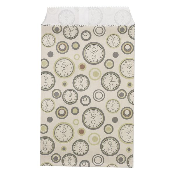 Bag, paper, green / grey / brown, 6x4 inches with clock design and scalloped top edge. Sold per pkg of 100. image number 0