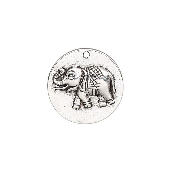 Drop, antique silver-plated "pewter" (zinc-based alloy), 21mm single-sided round with elephant. Sold per pkg of 10. image number 0