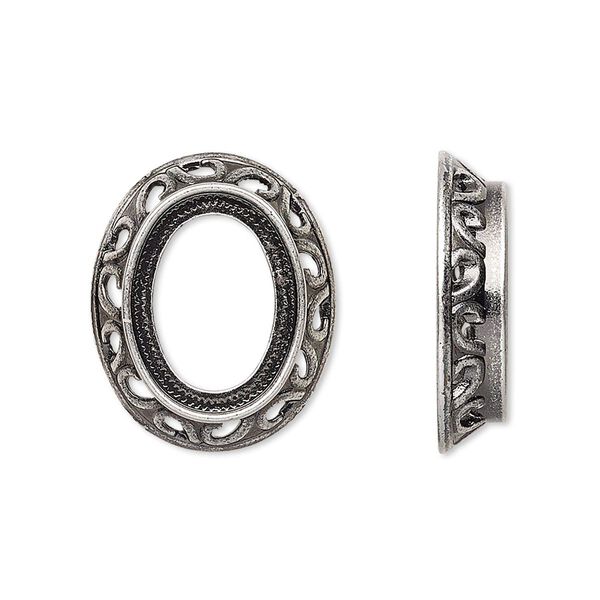 Component, antique silver-plated brass, 22x18.5mm oval with swirl design and 16x12mm oval setting. Sold per pkg of 4. image number 0