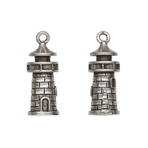 Charm, antiqued pewter (tin-based alloy), 21.5x9mm 3D lighthouse. Sold per pkg of 2. image number 0