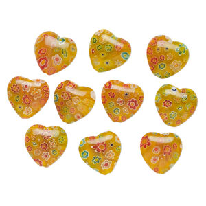 Bead, millefiori glass 1pkg10, translucent orange and multicolored, 21-23mm puffed heart.