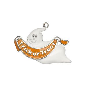 Charm, enamel and silver-plated "pewter" (zinc-based alloy), white and orange, 27x21mm single-sided ghost with "Trick or Treat" banner. Sold individually.