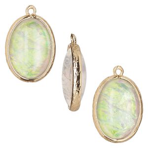 Drop, Opalized Ice™, "opal" (resin) and gold-finished brass, white, 20x15mm double-sided oval. Sold per pkg of 4.