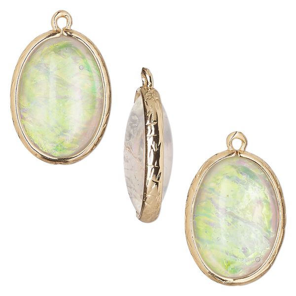 Drop, Opalized Ice™, "opal" (resin) and gold-finished brass, white, 20x15mm double-sided oval. Sold per pkg of 4. image number 0