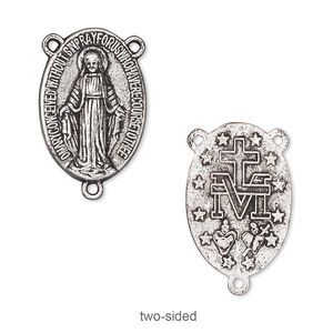 Connector, antique silver-plated "pewter" (zinc-based alloy), 21x15mm two-sided oval rosary. Sold per pkg of 10.
