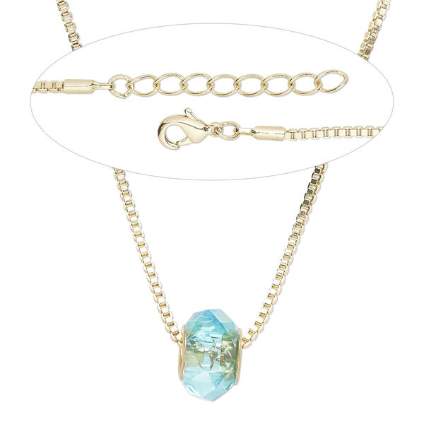 Necklace, Everyday Jewelry™,  brass and crystal, turquoise blue rondelle on gold-finished chain with lobster claw clasp, 20 inches. Sold individually. image number 0