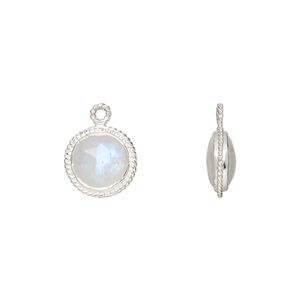 Drop, rainbow moonstone (natural) and sterling silver, 9-11mm hand-cut double-sided faceted puffed round with rope edge design, B grade, Mohs hardness 6 to 6-1/2. Sold individually.