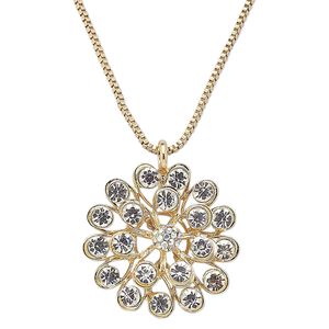 Necklace, glass rhinestone with gold-finished steel and "pewter" (zinc-based alloy), clear AB and clear, 43x43mm flower, 29 inches with 3-inch extender chain and lobster claw clasp. Sold individually.