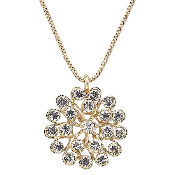 Necklace, glass rhinestone with gold-finished steel and "pewter" (zinc-based alloy), clear AB and clear, 43x43mm flower, 29 inches with 3-inch extender chain and lobster claw clasp. Sold individually. image number 0