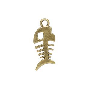 Charm, antique brass-plated "pewter" (zinc-based alloy), 22x11mm fish skeleton. Sold per pkg of 10.