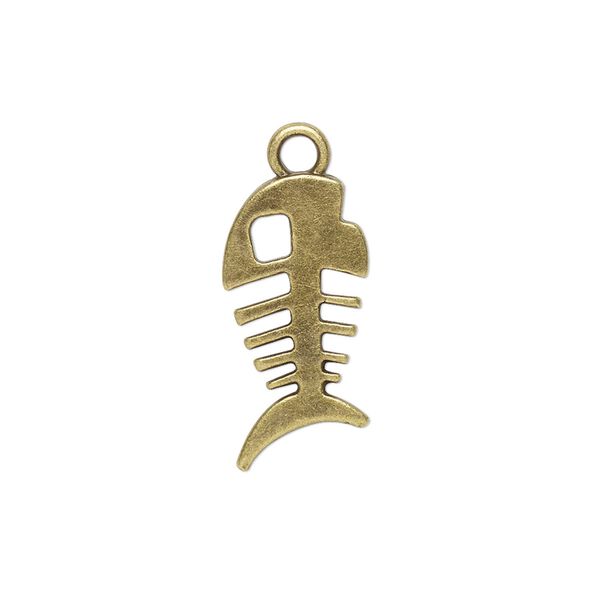 Charm, antique brass-plated "pewter" (zinc-based alloy), 22x11mm fish skeleton. Sold per pkg of 10. image number 0