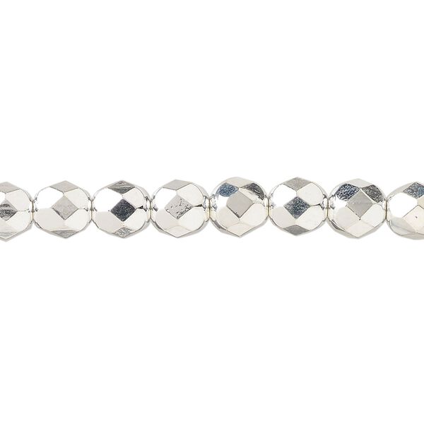 Bead, fire-polished, silver-plated glass, opaque clear, 6mm faceted round. Sold per 1 mass, approximately 1,200 beads. image number 0