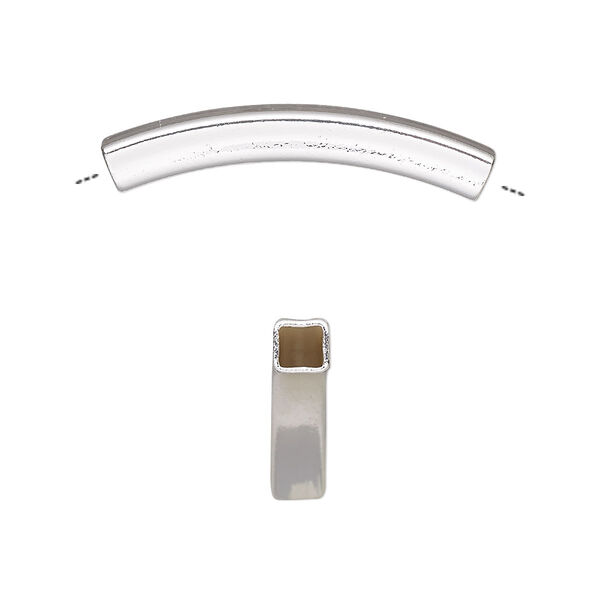 Bead, silver-finished brass, 30x4mm curved square tube. Sold per pkg of 4. image number 0