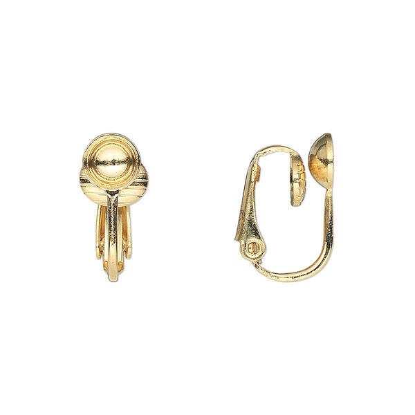 Earring, clip-on, gold-plated steel, 16mm hinged with 6mm grooved cup, fits 6mm bead. Sold per pkg of 5 pairs. image number 0
