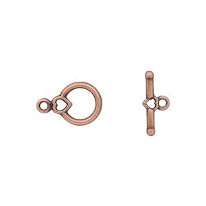Clasp toggle 1pkg100 copper-plated "pewter" (zinc alloy), 10x9mm heart, antique 1-strand