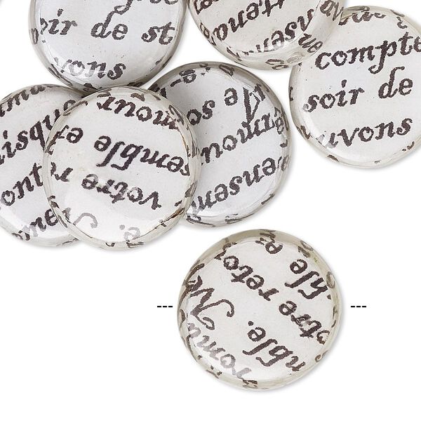 Bead, wood / newspaper / acrylic, white and black, 18mm double-sided flat round with phrase in French. Sold per pkg of 8. image number 0