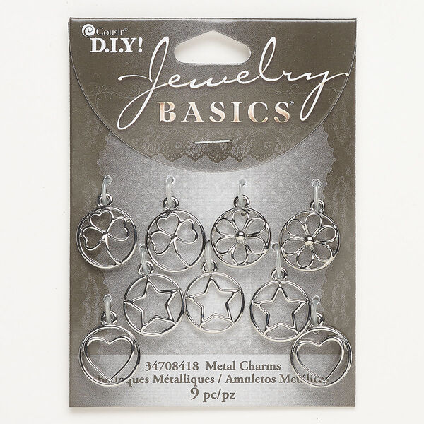 Charm assortment, brass, pkg/9, silver finish, 15mm round. image number 0