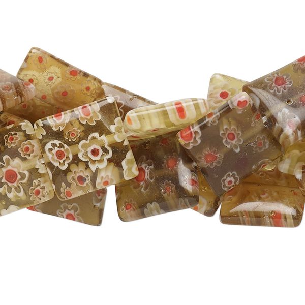Bead, millefiori glass, translucent amber and multicolored, 11mm-13x12mm puffed square with flower design. Sold per 14-inch strand. image number 0
