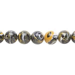 Bead, resin, black / white / dark yellow, 8mm round. Sold per 15-1/2" to 16" strand.